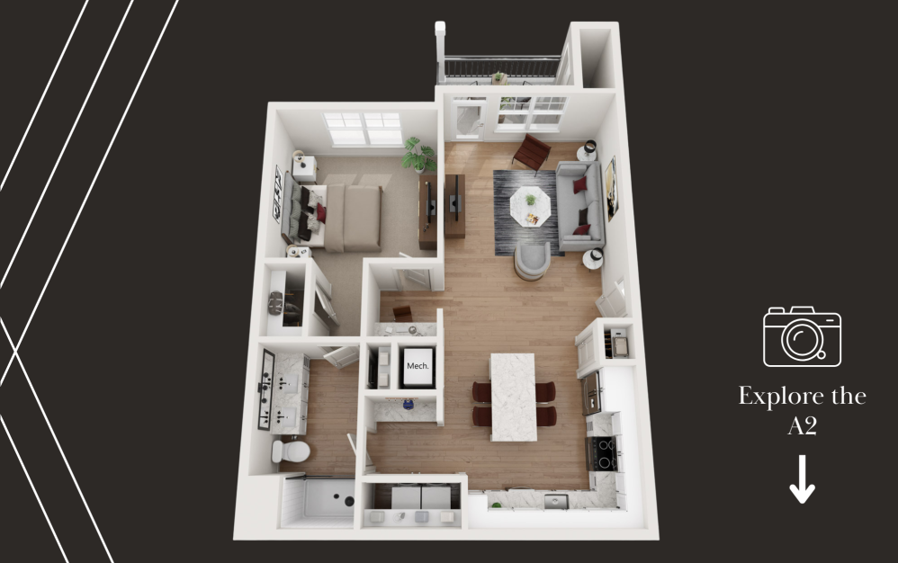 A2 - 1 bedroom floorplan layout with 1 bathroom and 865 square feet