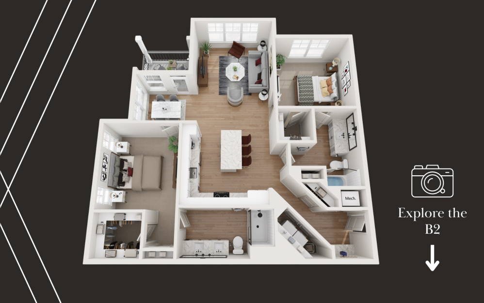B2 - 2 bedroom floorplan layout with 2 bathrooms and 1266 - 1318 square feet (Residence Floorplan)